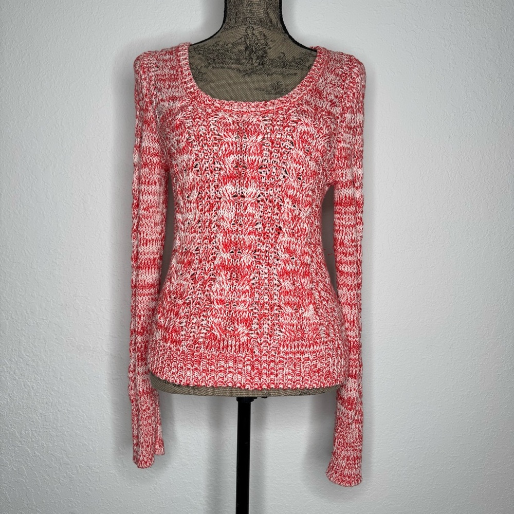 Free People Red and White Marled Cable Knit Sweater Small